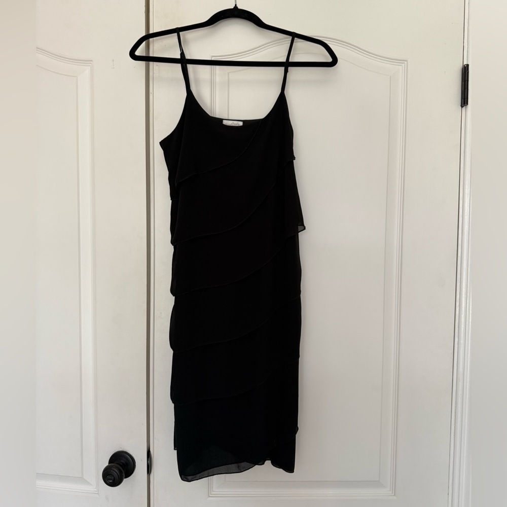 Spaghetti Strap Ruffled Little Black Midi Dress party Wedding Sz Small